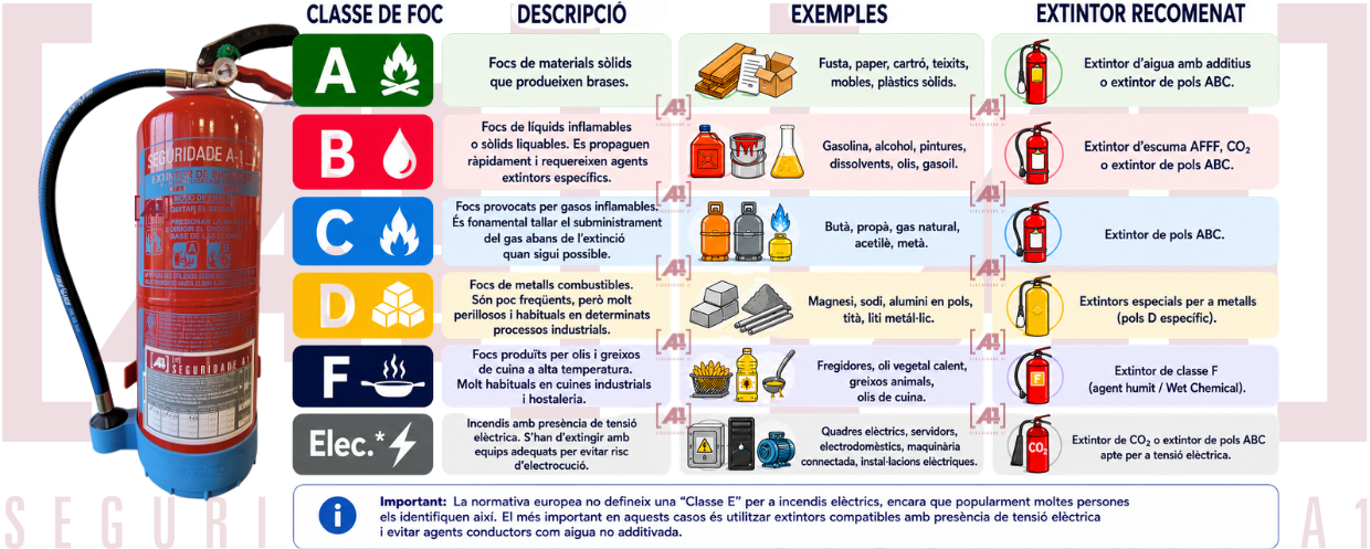 Tabla TIPOS DE EXTINTORES Y TIPOS FUEGOS CATALÁN Tabla de tipos de extintores y fuegos para el que está indicado cada uno