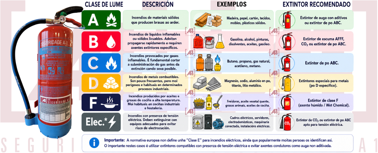 Tabla TIPOS DE EXTINTORES Y TIPOS FUEGOS GALEGO Tabla de tipos de extintores y fuegos para el que está indicado cada uno